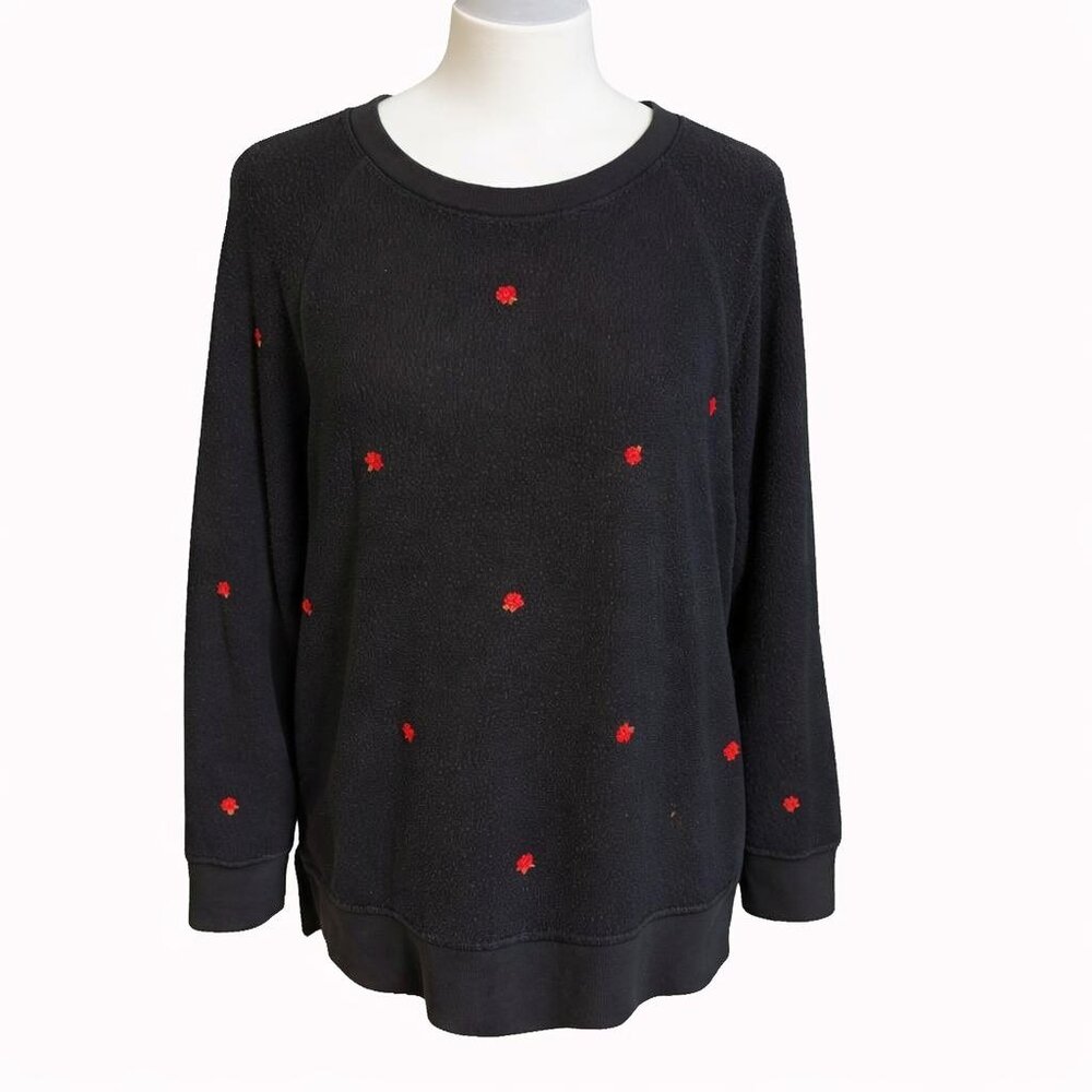 Victorias Secret PINK Sweatshirt Sz L Black Sherpa Pullover Red Embroidered Rose